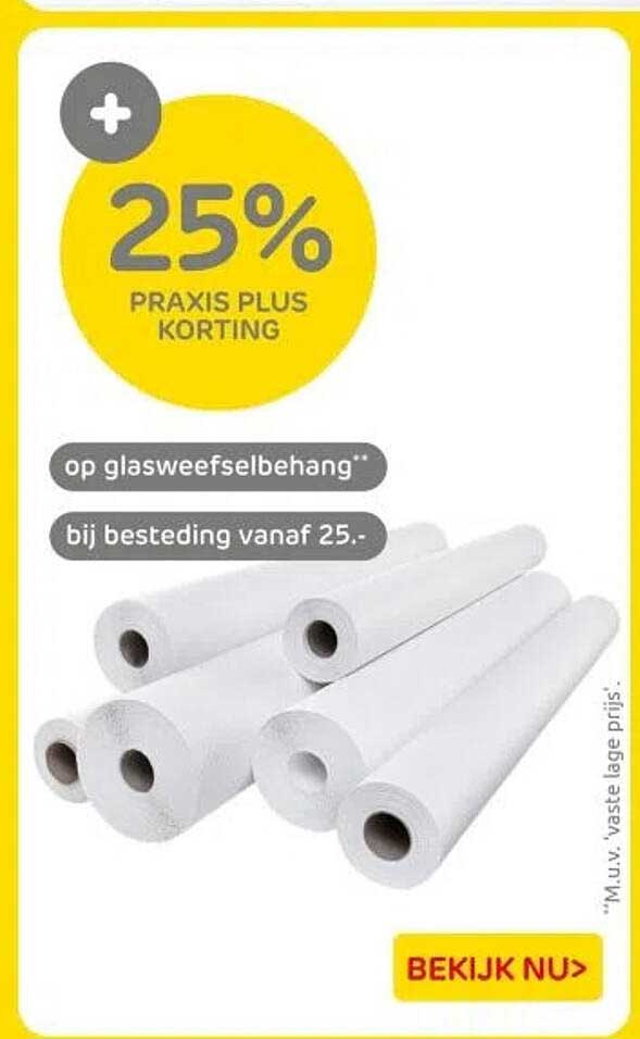 25% PRAKIS PLUS KORTING op glasweefselbehang bij besteding vanaf 25.-