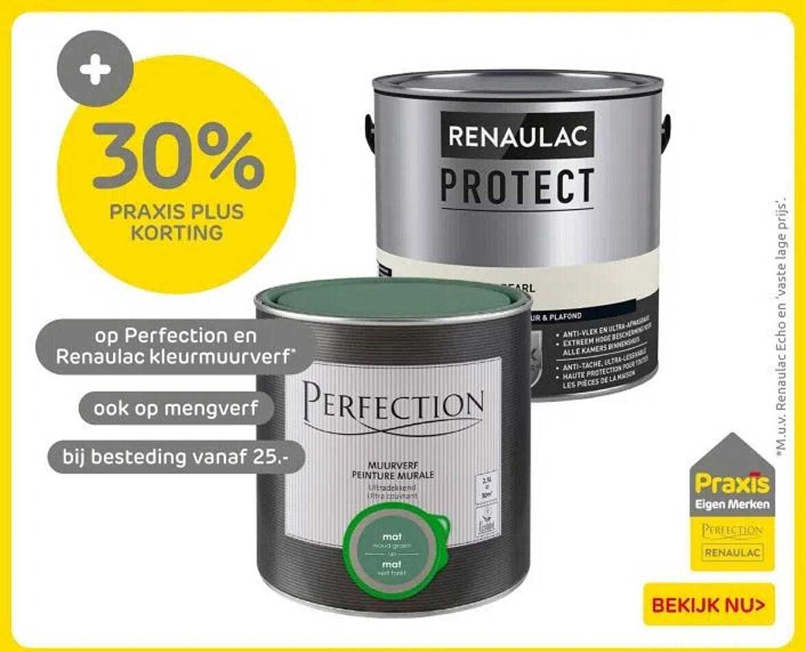 30% PRAXIS PLUS KORTING op Perfection en Renau Lac kleurmuurverf