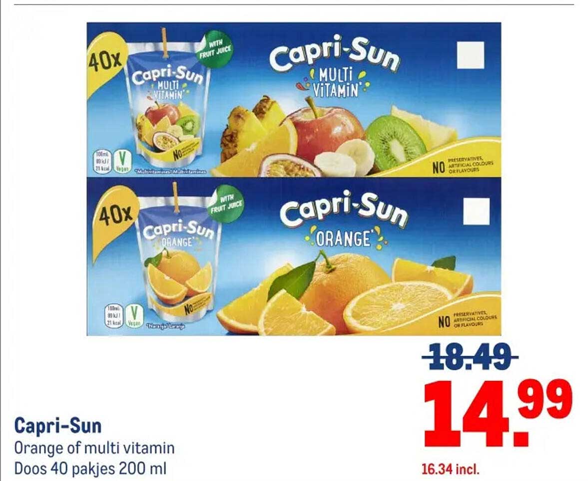 Capri-Sun Orange of multi vitamin Doos 40 pakjes 200 ml