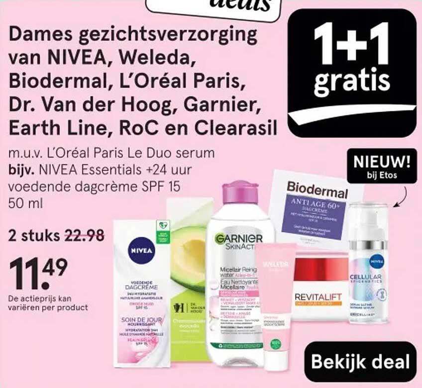 Dames gezichtsverzorging van NIVEA, Weleda, Biodermal, L’Oréal Paris, Dr. Van der Hoog, Garnier, Earth Line, RoC en Clearsil