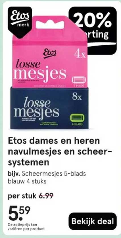 Etos dames en heren navulmesjes en scheersystemen bijv. Scheermesjes 5-blads blauw 4 stuks