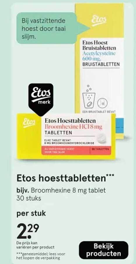 Etos hoesttabletten*** bijv. Broomhexine 8 mg tablet 30 stuks