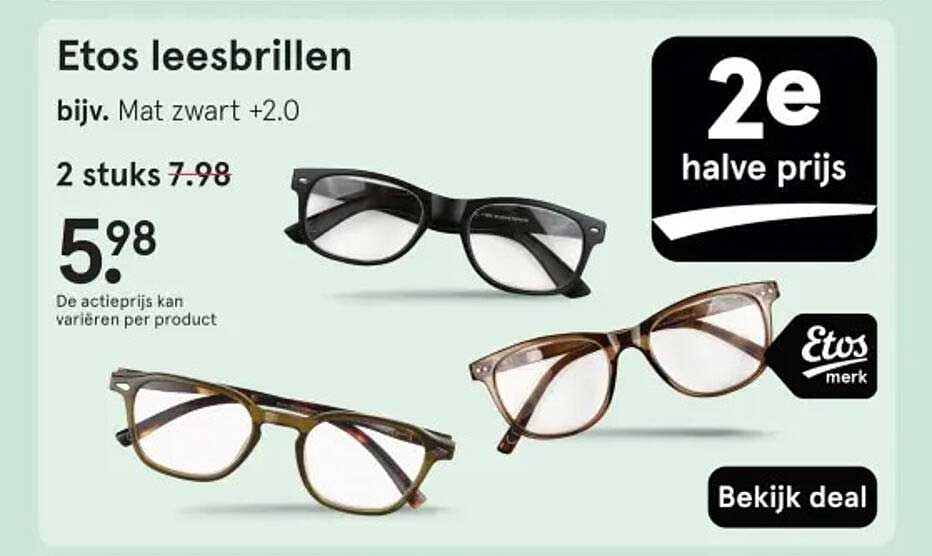 Etos leesbrillen bijv. Mat zwart +2.0