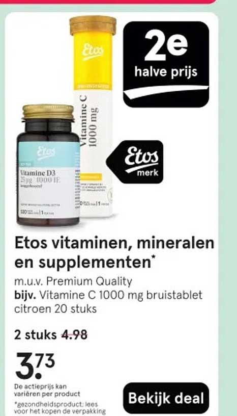 Etos vitaminen, mineralen en supplementen m.u.v. Premium Quality bijv. Vitamine C 1000 mg brusitabel citroen 20 stuks