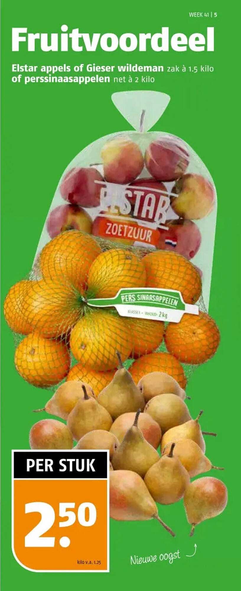 Fruitvoordeel Elstar appels of Gieser wilderman zak à 1.5 kilo of perssinaasappelen net à 2 kilo