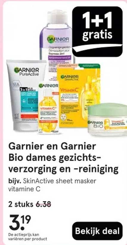 Garnier en Garnier Bio dames gezichtsverzorging en -reiniging bijv. SkinActive sheet masker vitamine C