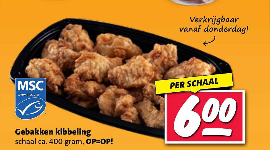 Gebakken kibbeling schaal ca. 400 gram, OP=OP!
