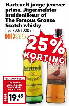 Hartevelt jonge jenever prima, Jägermeister kruidendlikeur of The Famous Grouse Scotch whisky fles 700/1000 ml.