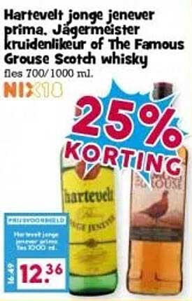 Hartevelt jonge jenever prima, Jägermeister kruidennlikeur of The Famous Grouse Scotch whisky fles 700/1000 ml.
