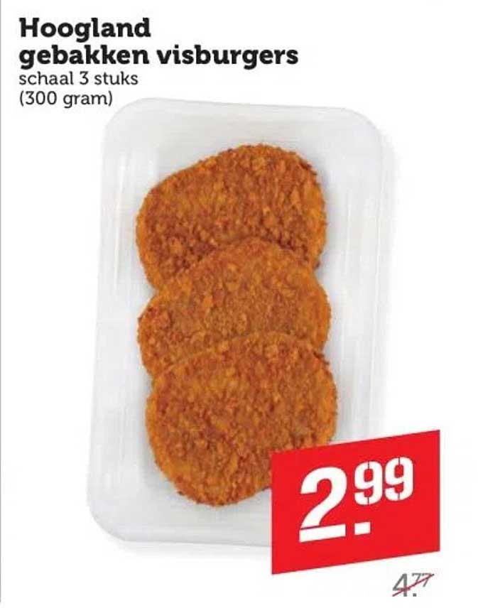 Hoogland gebakken visburgers schaal 3 stuks (300 gram)