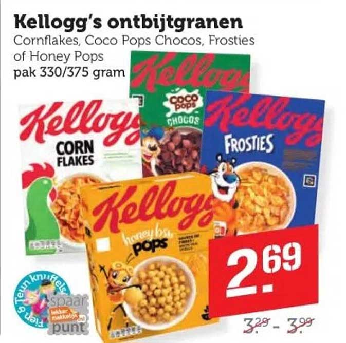 Kellogg's ontbijtgranen Cornflakes, Coco Pops Choco's, Frosties of Honey Pops pak 330/375 gram