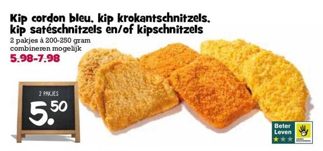 Kip cordon bleu, kip krokantschnitzels, kip satéschnitzels en/of kipschnitzels