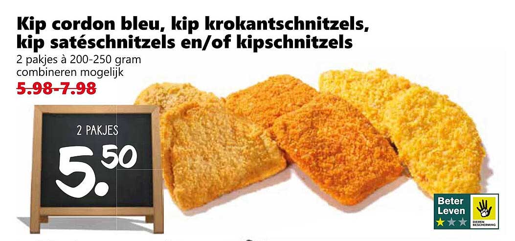 Kip cordon bleu, kip krokantschnitzels, kip satéschnitzels en/of kipschnitzels
