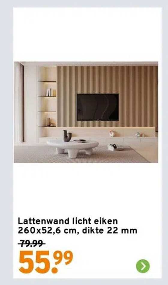 Lattenwand licht eiken 260x52,6 cm, dikte 22 mm