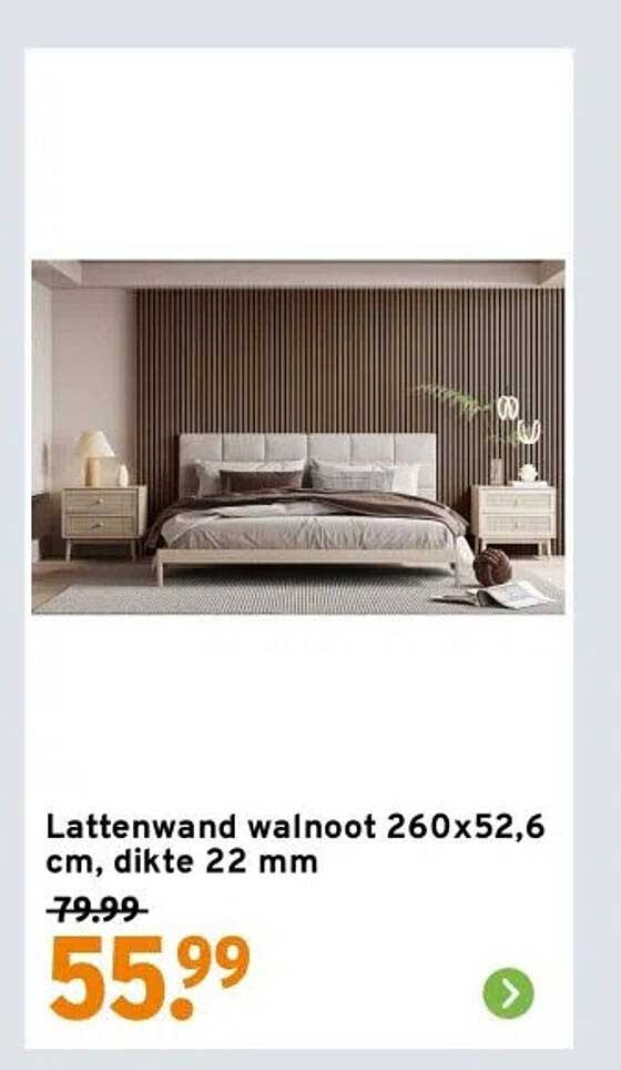 Lattenwand walnoot 260x52,6 cm, dikte 22 mm