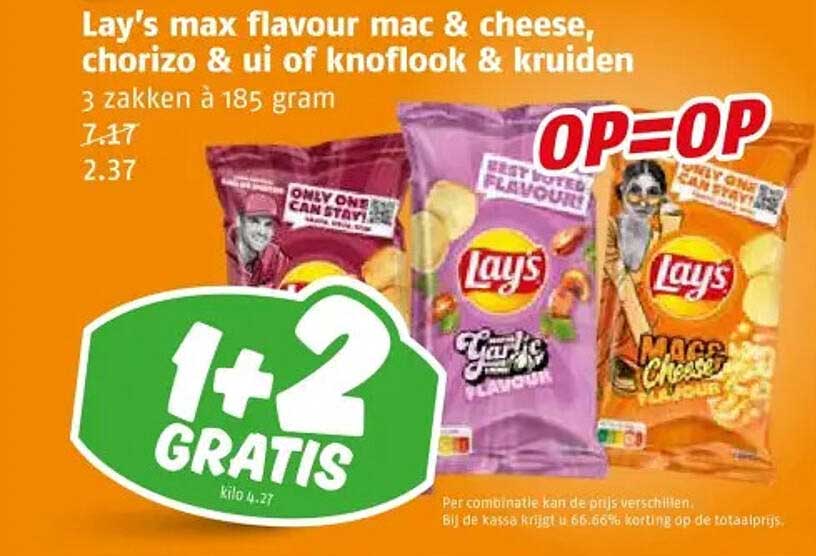 Lay's max flavour mac & cheese, chorizo & ui of knoflook & kruiden