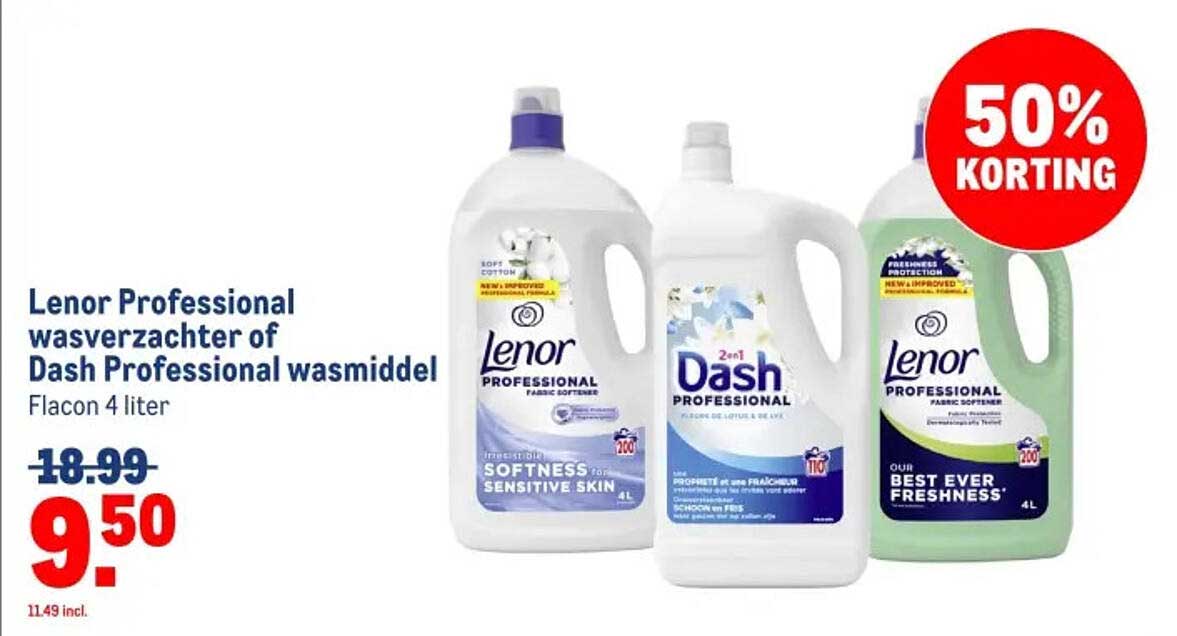 Lenor Professional wasverzachter of Dash Professional wasmiddel Flacon 4 liter