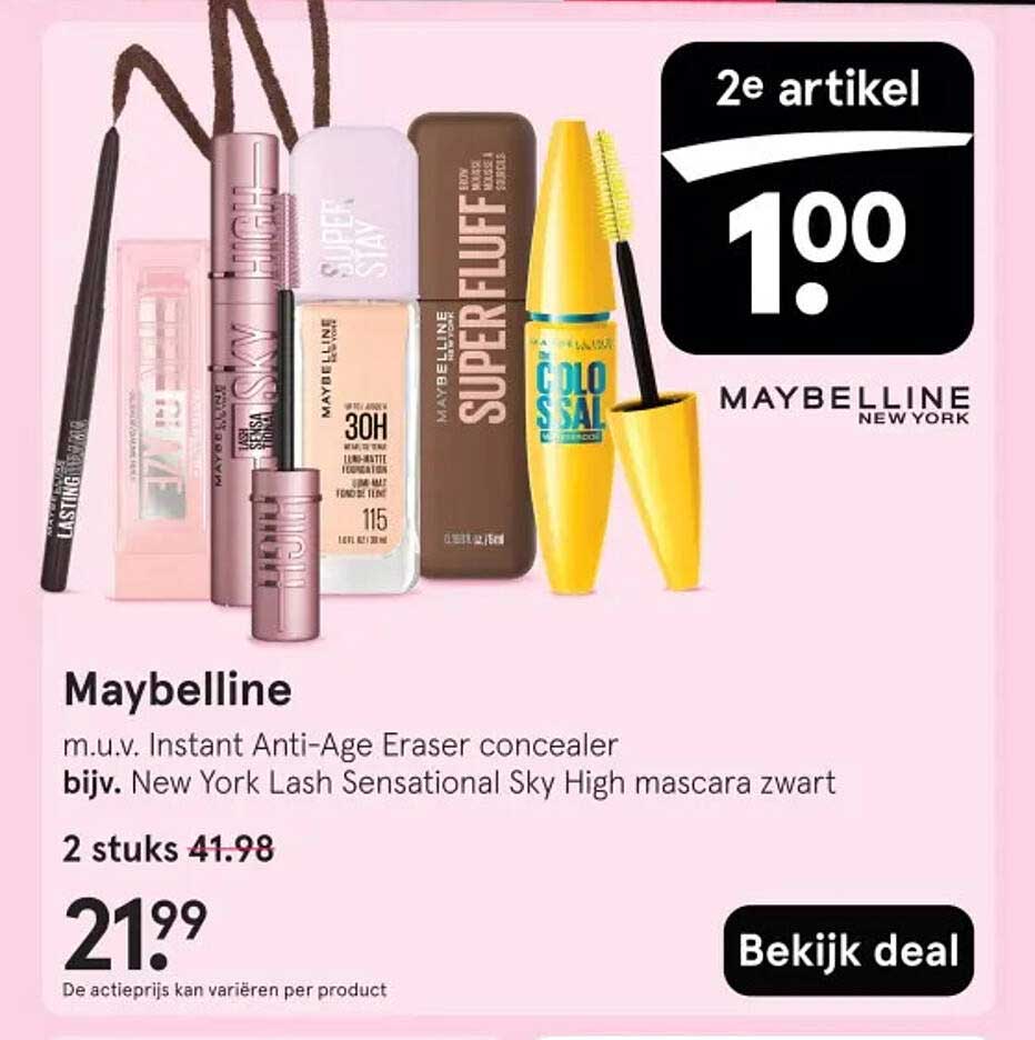 Maybelline m.u.v. Instant Anti-Age Eraser concealer bijv. New York Lash Sensational Sky High mascara zwart