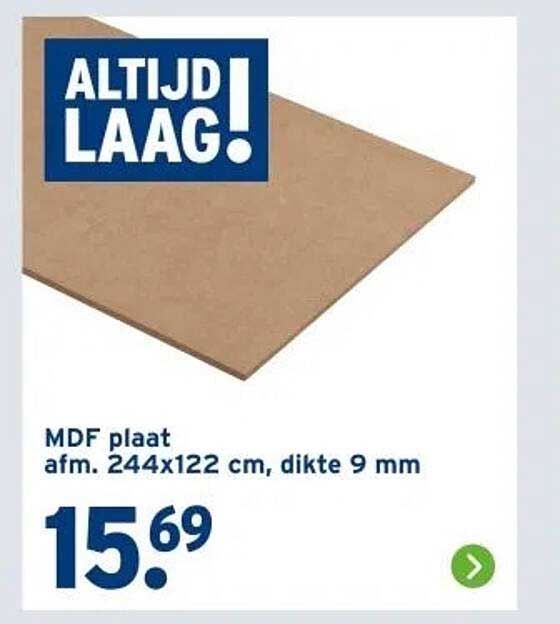 MDF plaat afm. 244x122 cm, dikte 9 mm