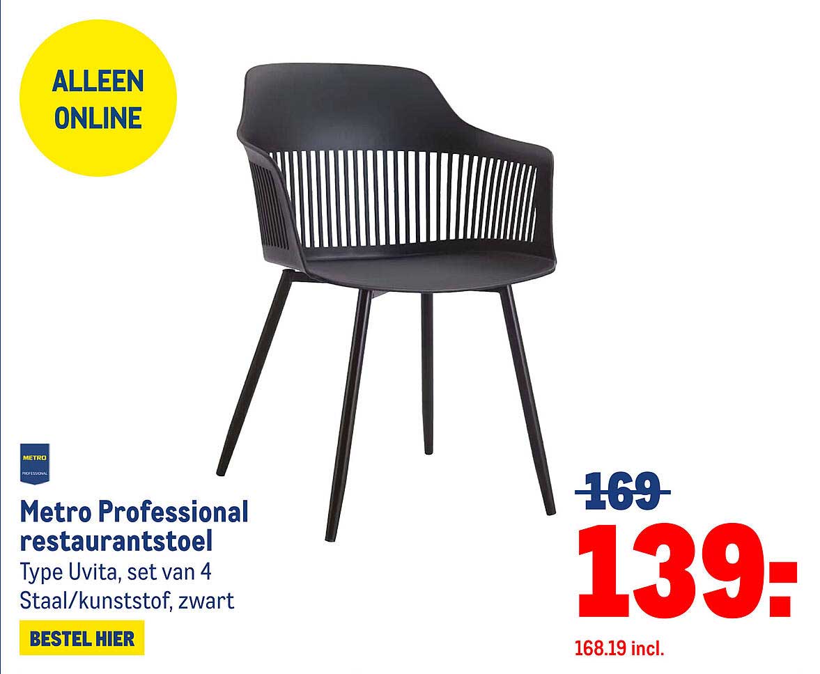 Metro Professional restaurantstoel Type Uvita, set van 4 Staal/kunststof, zwart