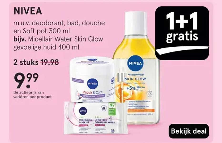 NIVEA m.u.v. deodorant, bad, douche en Soft pot 300 ml bijv. Micellair Water Skin Glow gevoelige huid 400 ml 2 stuks 19.98