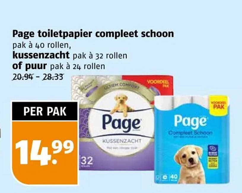 Page toiletpapier compleet schoon pak à 40 rollen, kussenzacht pak à 32 rollen of puur pak à 24 rollen