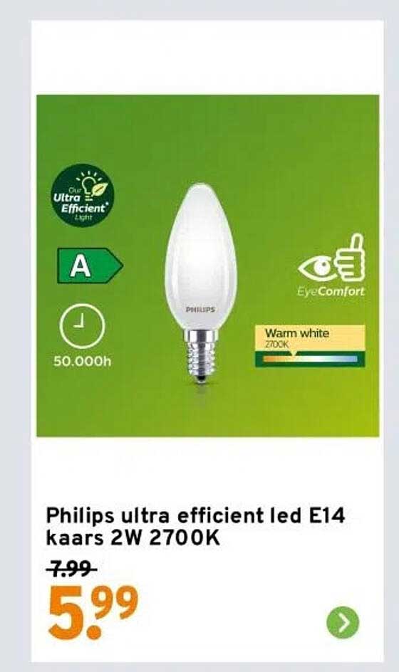 Philips ultra efficient led E14 kaars 2W 2700K