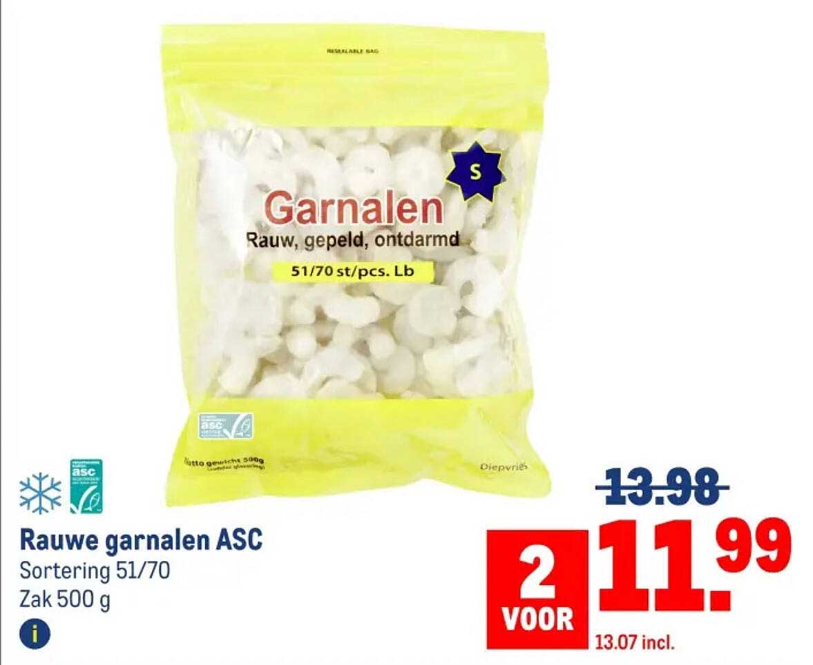Rauwe garnalen ASC Sorteering 51/70 Zak 500 g