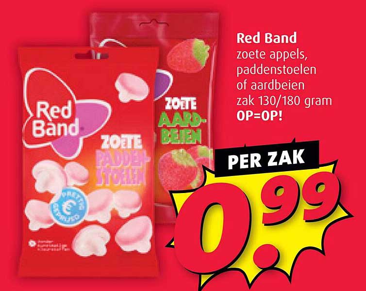 Red Band zoete appels, paddenstoelen of aardbeien zak 130/180 gram OP=OP!
