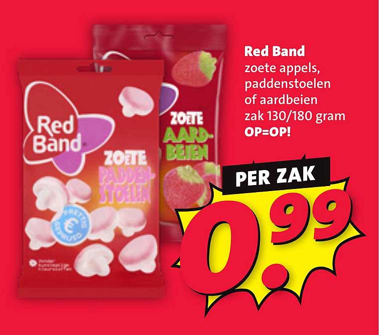 Red Band zoete appels, paddestoelen of aardbeien zak 130/180 gram OP=OP!