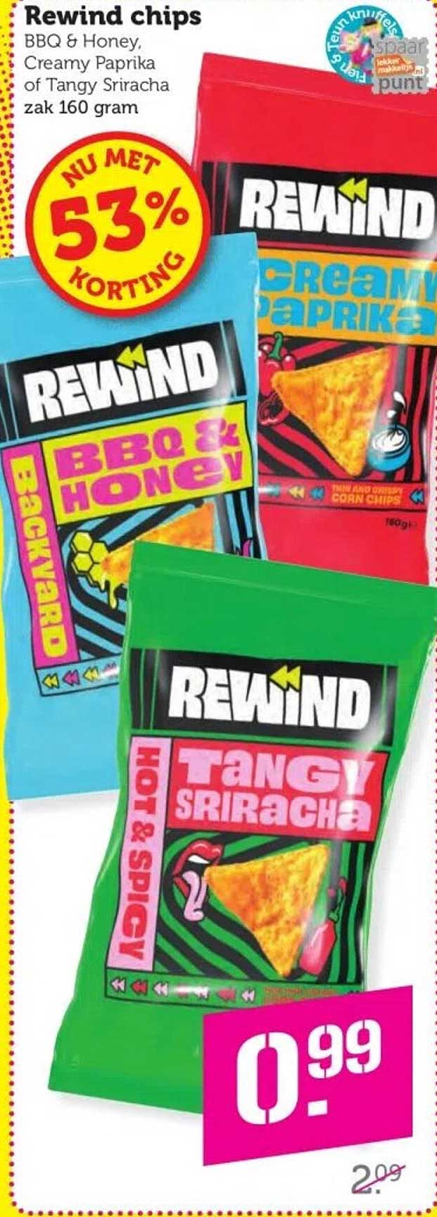 Rewind chips BBQ & Honey, Creamy Paprika of Tangy Sriracha zak 160 gram