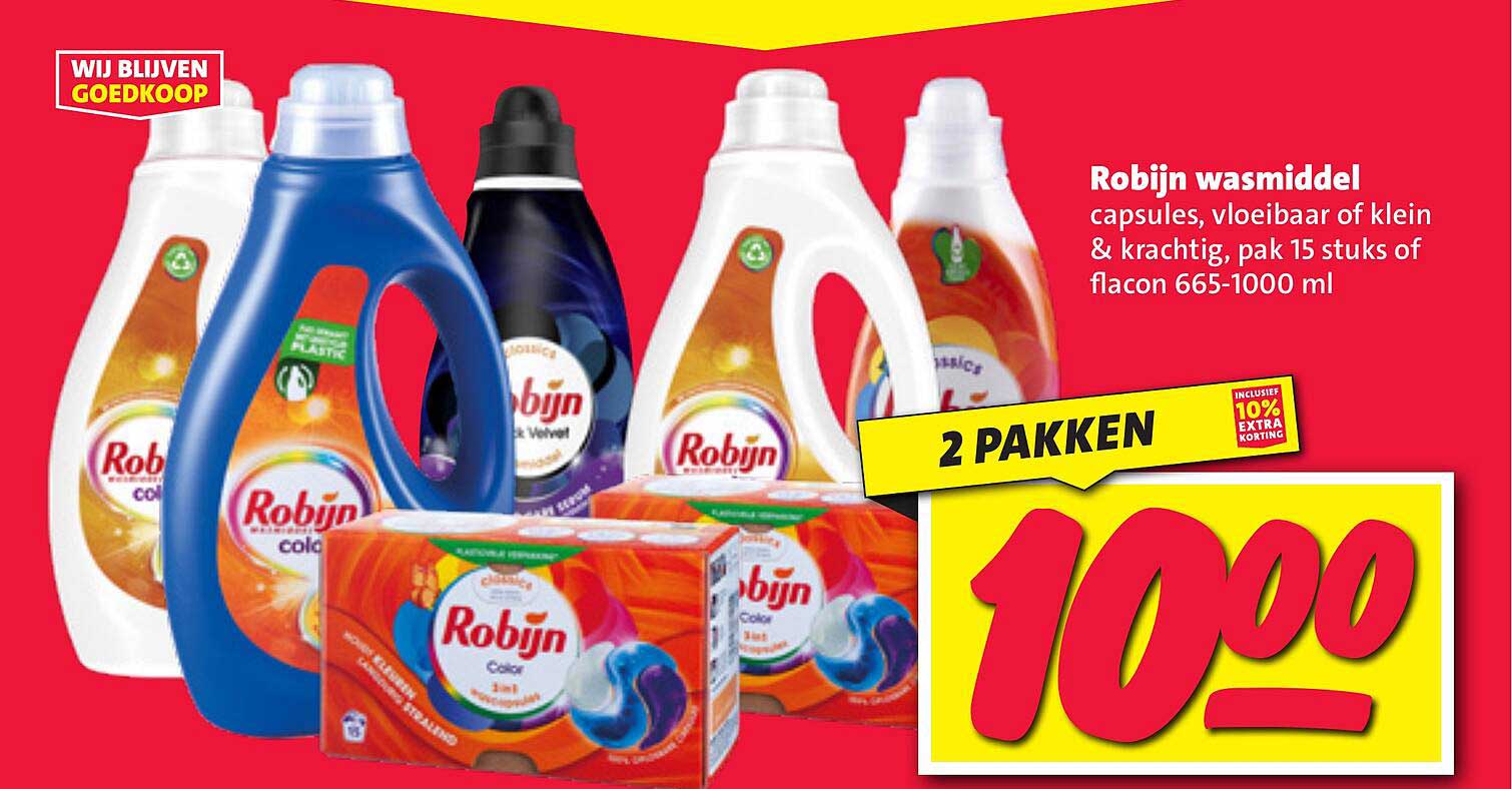Robijn wasmiddel capsules, vloeibaar of klein & krachtig, pak 15 stuks of flacon 665-1000 ml