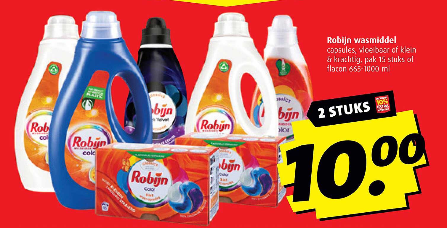 Robijn wasmiddel capsules, vloeibaar of klein & krachtig, pak 15 stuks of flacon 665-1000 ml