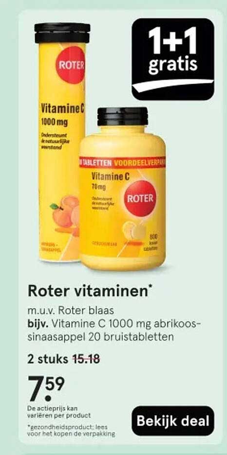 Roter vitaminen m.u.v. Roter blaas bijv. Vitamine C 1000 mg abrikoos-sinaasappel 20 bruistabletten