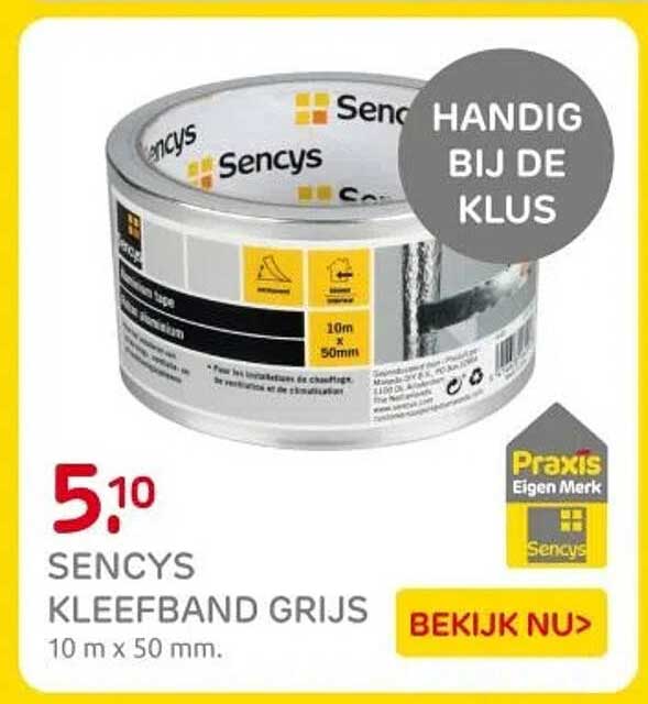 SENCYS KLEEFBAND GRIJS 10 m x 50 mm.