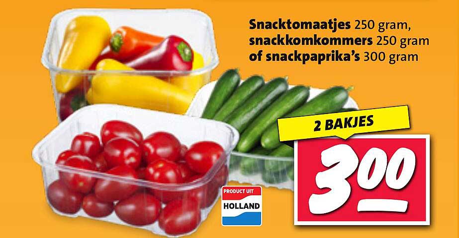 Snacktomaatjes 250 gram, snackkomkommers 250 gram of snackpaprika’s 300 gram