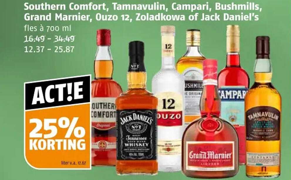 Southern Comfort, Tamnavulin, Campari, Bushmills, Grand Marnier, Ouzo 12, Zoladkowa of Jack Daniel's fles à 700 ml
