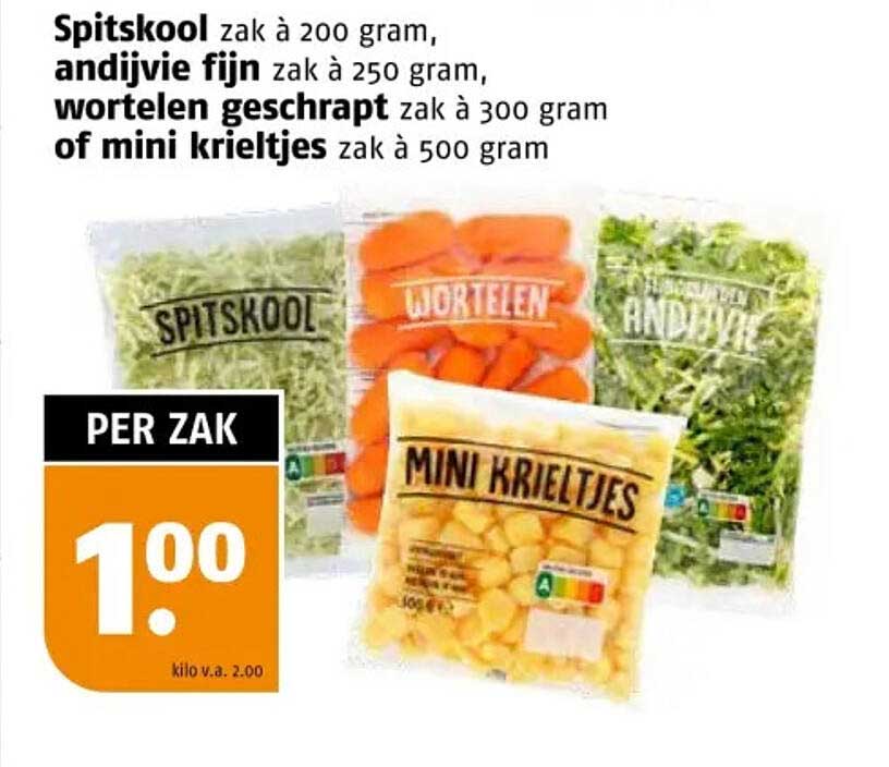 Spitskool zak à 200 gram, andijvie fijn zak à 250 gram, wortelen geschild zak à 300 gram of mini krieltjes zak à 500 gram