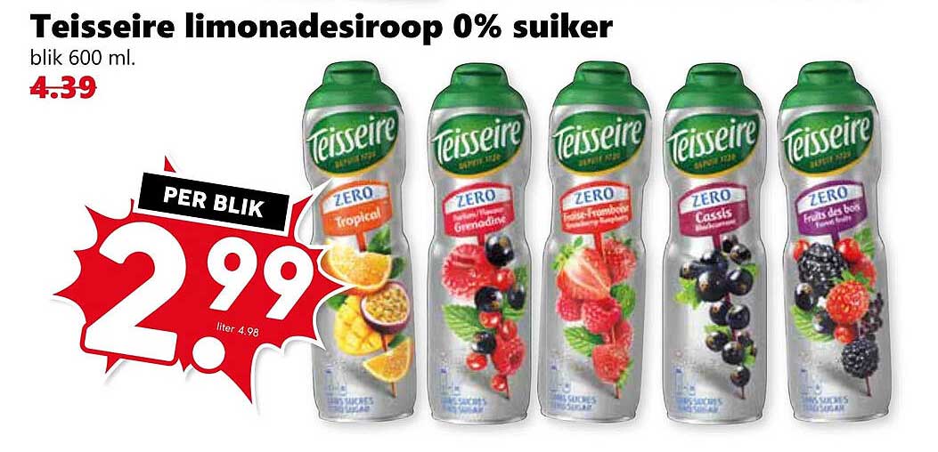 Teisseire limonadesiroop 0% suiker blik 600 ml.