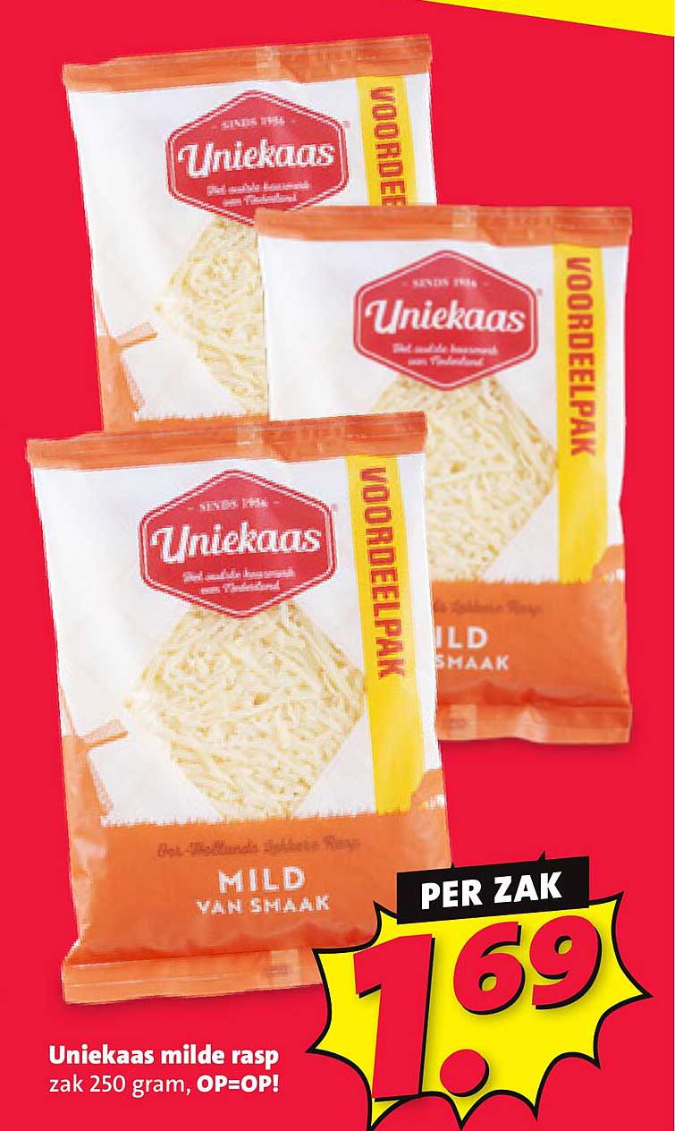 Uniekaas milde rasp zak 250 gram, OP=OP!
