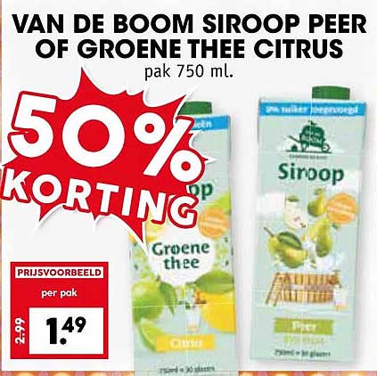 VAN DE BOOM SIROOP PEER OF GROENE THEE CITRUS pak 750 ml.
