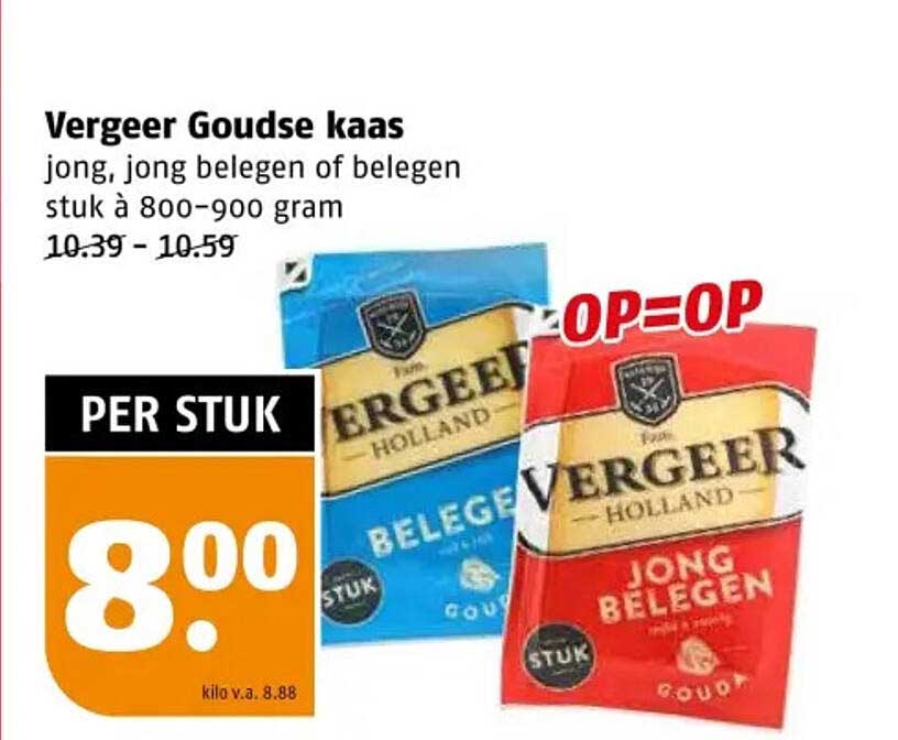 Vergeer Goudse kaas jong, jong belegen of belegen stuk à 800-900 gram