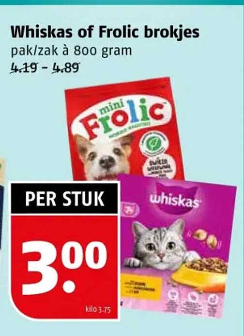 Whiskas of Frolic brokjes pak/zak à 800 gram