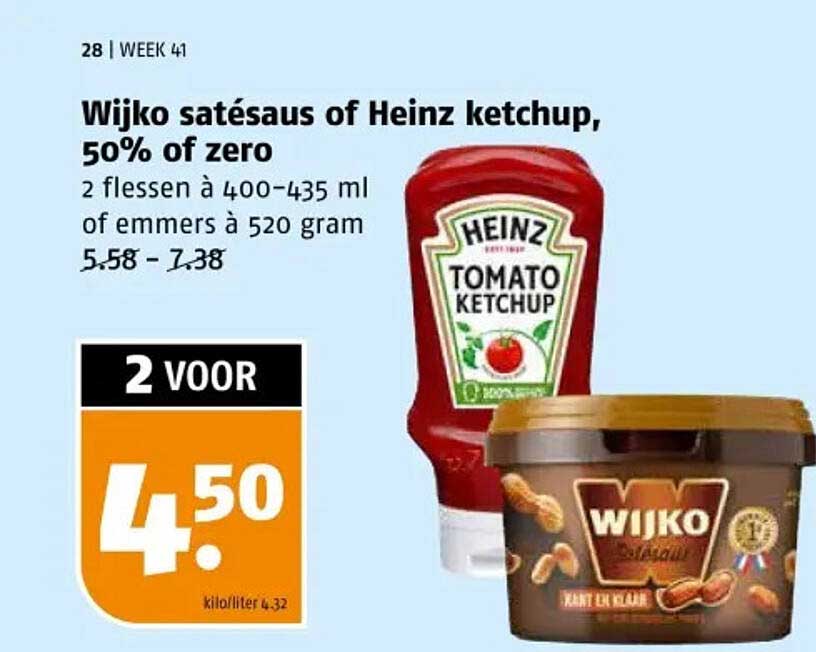 Wijko satésaus of Heinz ketchup, 50% of zero