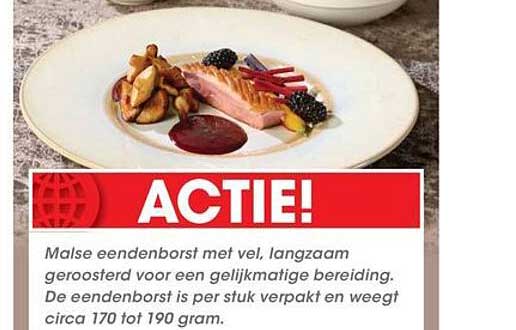 ACTIE! Malse eendenborst met vel, langzaam geroosterd voor een gelijkmatige bereiding. De eendenborst is per stuk verpakt en weegt circa 170 tot 190 gram.