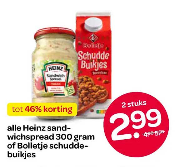 alle Heinz sandwichspread 300 gram of Bolletje schuddebuikjes tot 46% korting