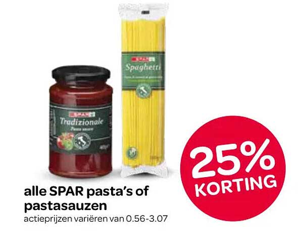alle SPAR pasta’s of pastasauzen 25% KORTING