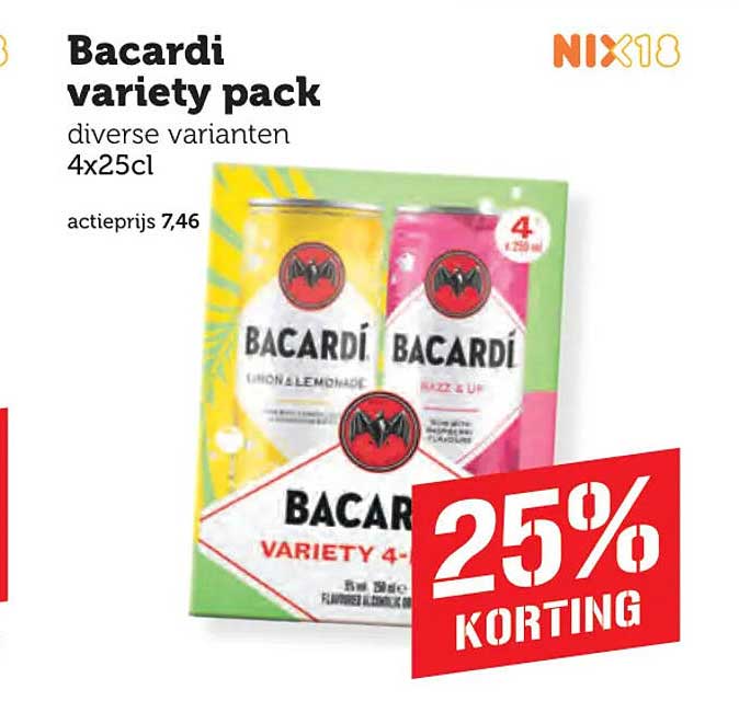 Bacardi variety pack diverse varianten 4x25cl 25% korting