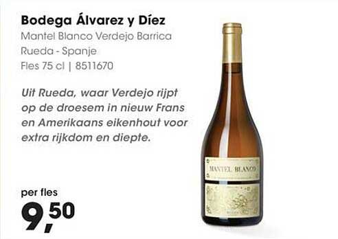 Bodega Álvarez y Díez Mantel Blanco Verdejo Barrica Rueda - Spanje Fles 75 cl | 8511670