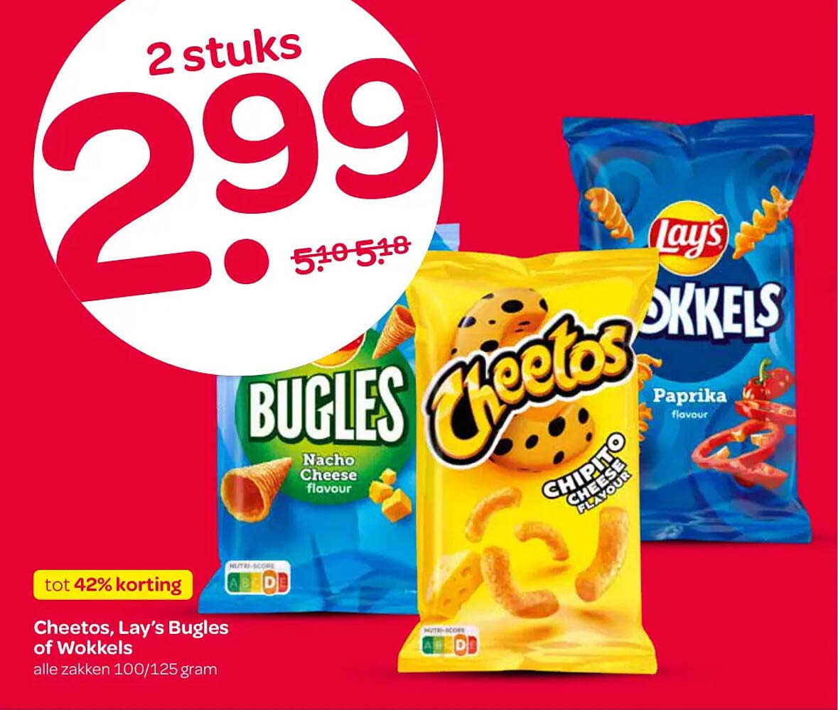 Cheetos, Lay’s Bugles of Wokkels tot 42% korting